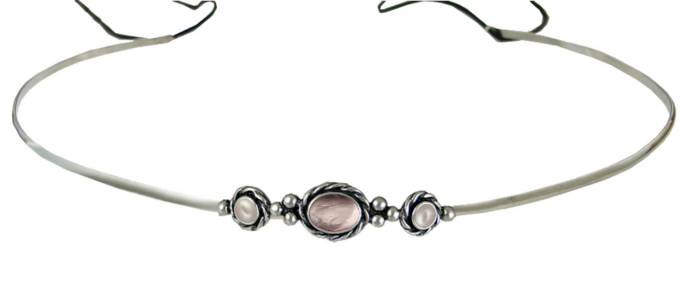 Sterling Silver Renaissance Style Headpiece Circlet Tiara With Rose Quartz And Cultured Freshwater Pearl